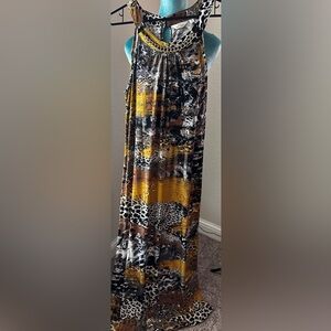 Mlle Gabriel Safari Print Maxi Dress with Gold Necklace Chain Accent Size XL